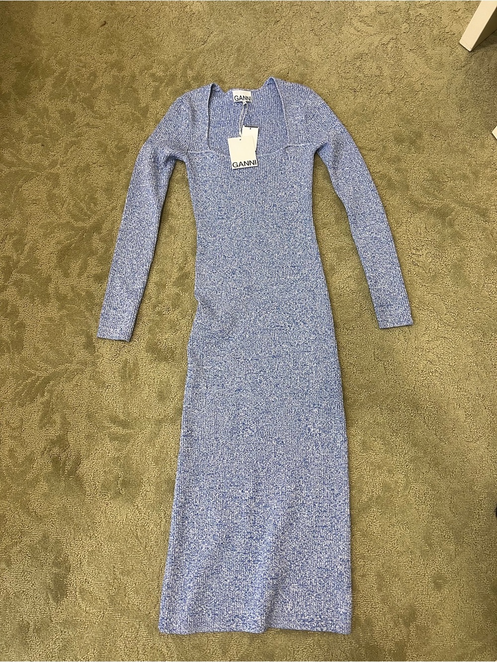 GANNI Melange Ribbed-Knit Midi Dress in Daphne blue.